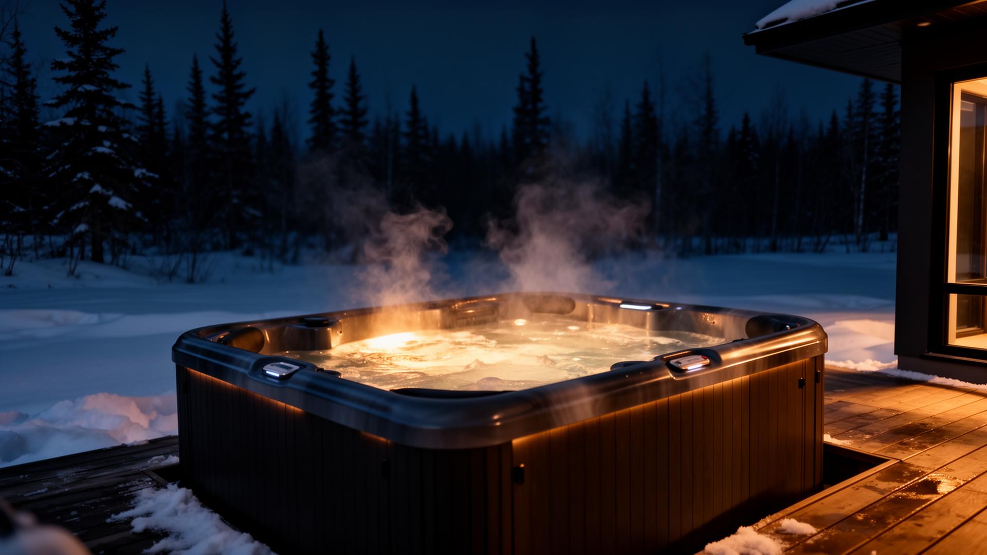 Luxury hot tub glowing at night in a snowy Fort McMurray backyard