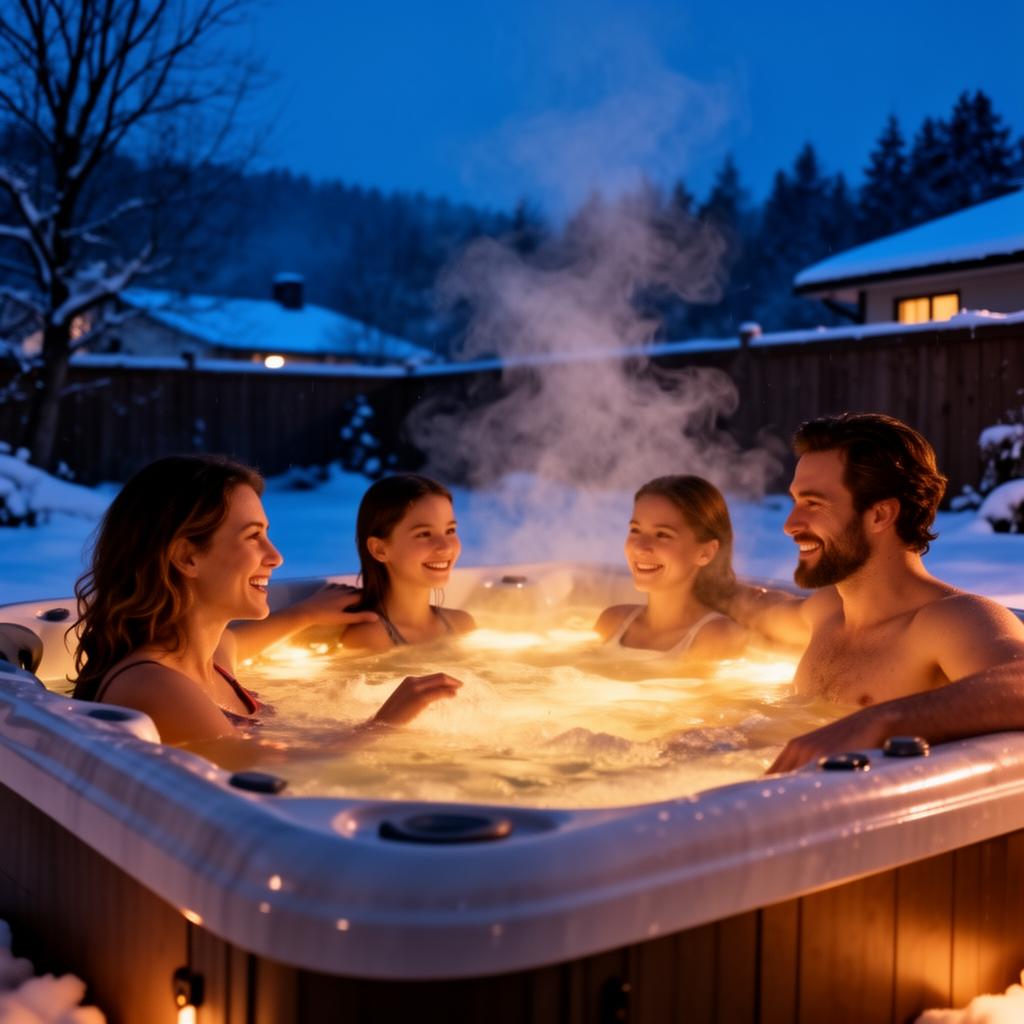 Family relaxing together in a hot tub on a snowy night